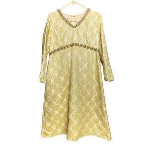 Vtg 60s Handmade Gold Brocade Empire Waist Dress Specially Made by Ruth size M/L